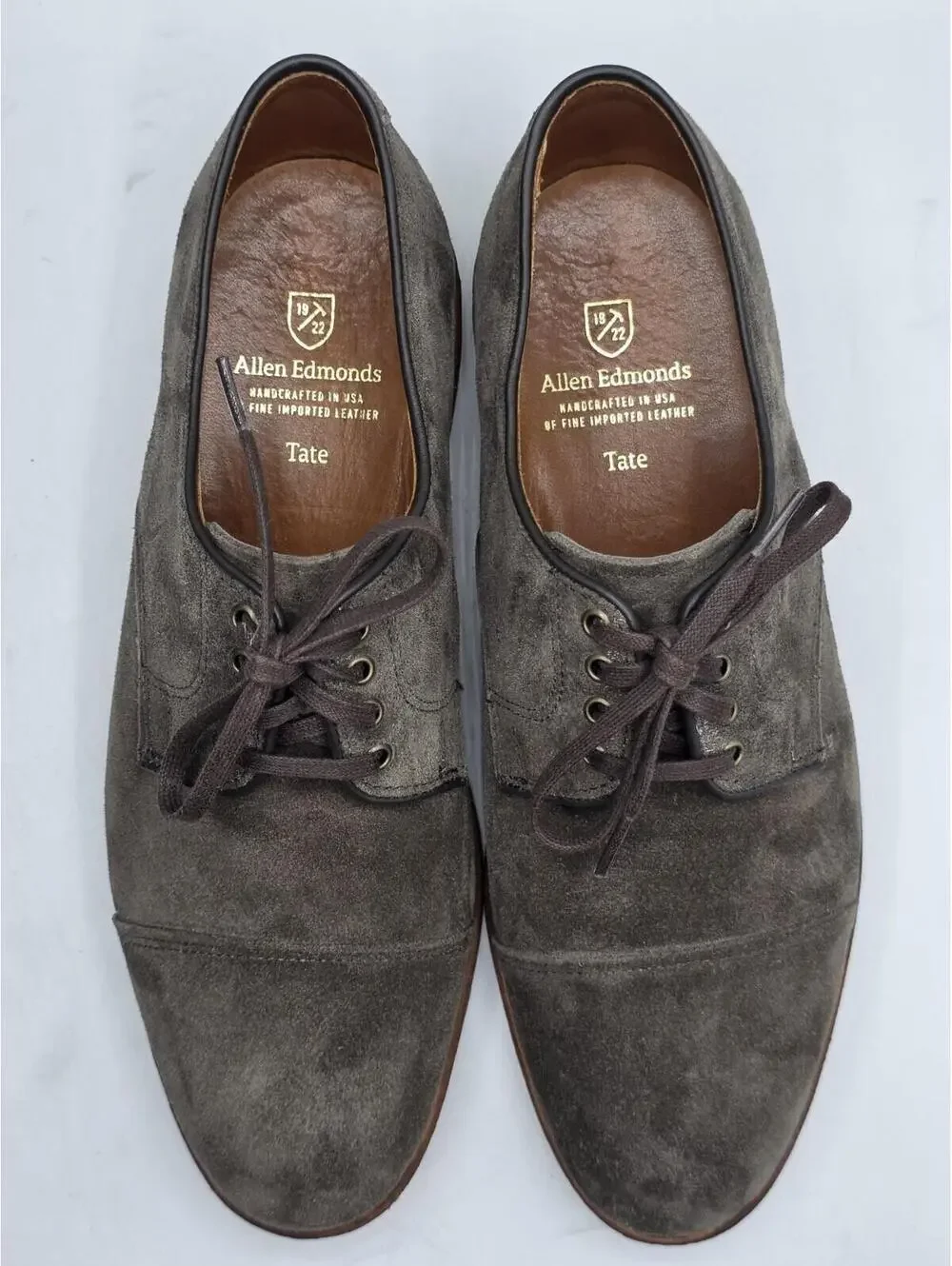Vtg 2009 Allen Edmonds Tate Suede Cap Toe Derby 7.5 D Taupe Brown USA Box 3372